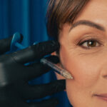 Photographie du profil d'une femme de 45 ans qui reçoit une injection d'acide hyaluronique